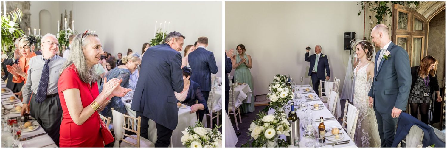 Wedding guests mingle and celebrate during an elegant indoor reception.