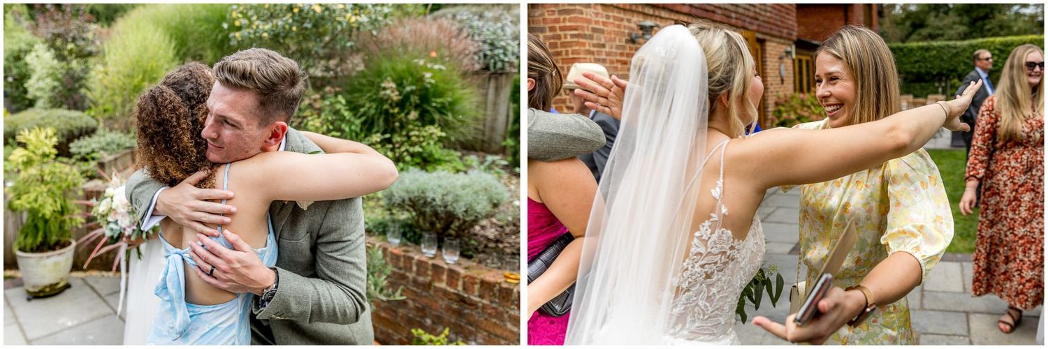 Series of candid wedding moments captured in an outdoor garden setting with natural lighting.