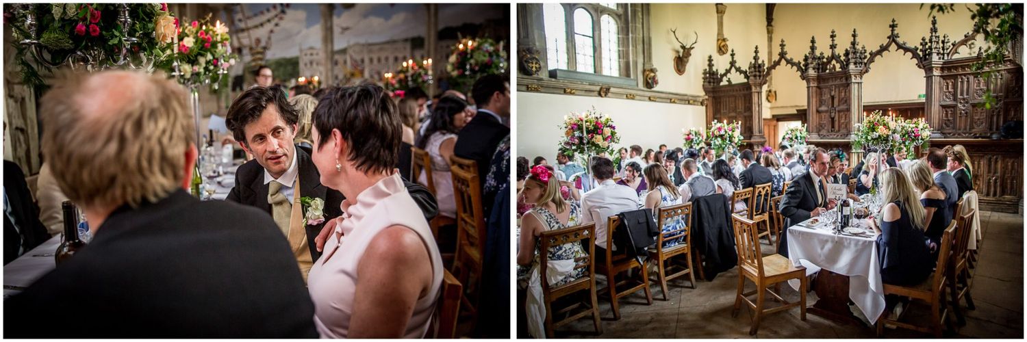 Wedding guests enjoy a lively reception celebration with dancing and entertainment in an elegantly decorated venue.