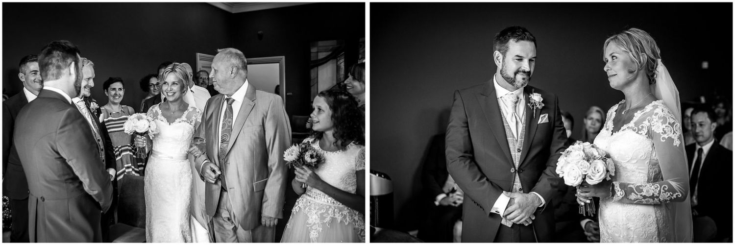 A series of black and white wedding celebration photos showing joyful moments between couples and guests at a reception.