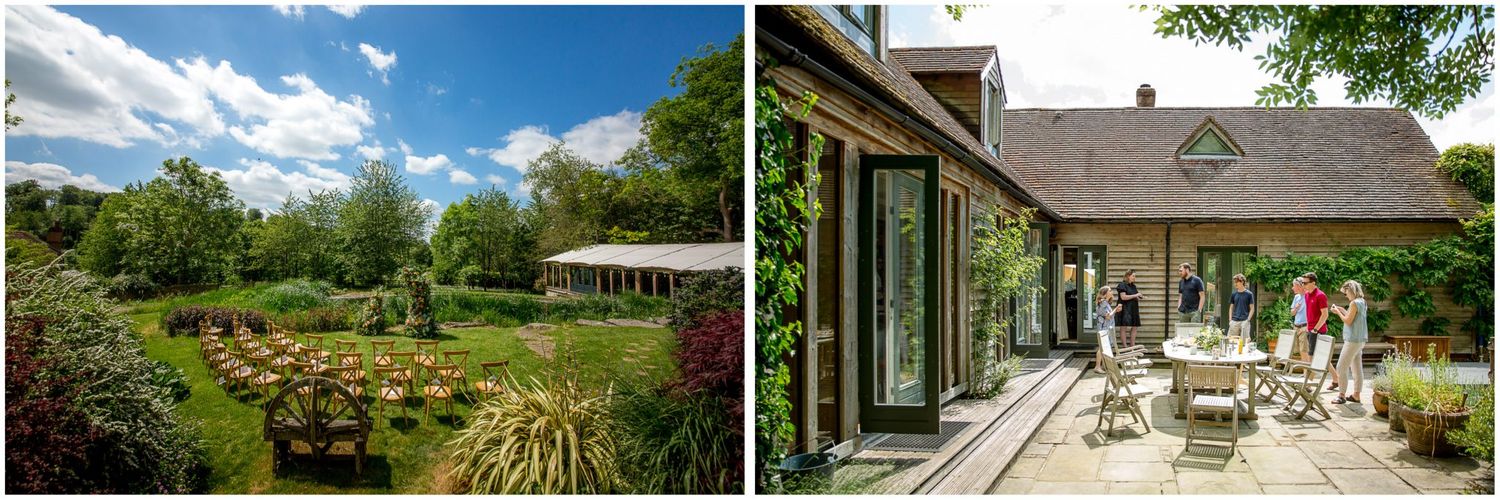 Beautiful garden venue with stone pathways and vibrant landscaping on sunny day.