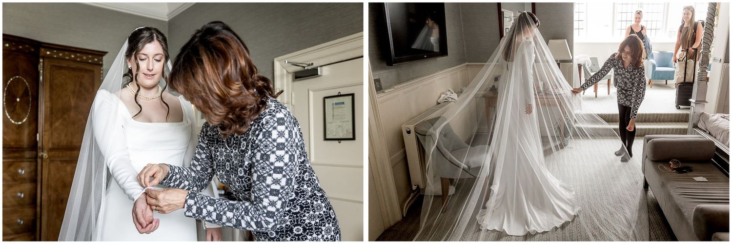 Wedding day preparation scenes with dress and details in natural light.