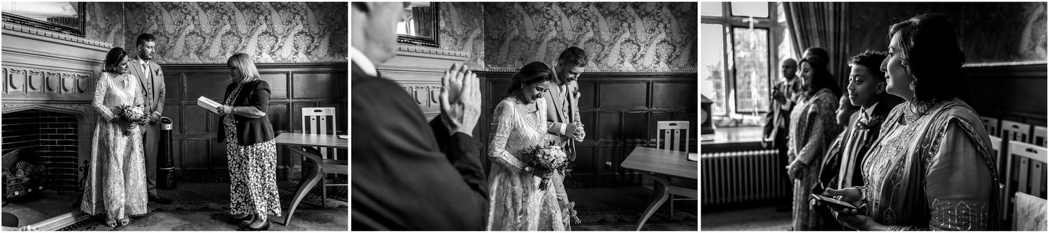 Black and white wedding photographs showing intimate moments in a traditional venue.