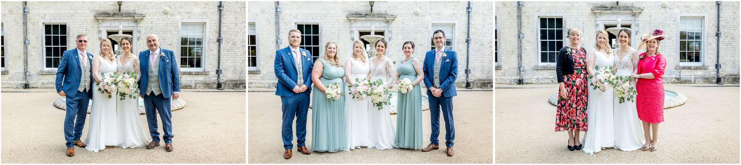 Classic architectural backdrop frames formal wedding party portraits.