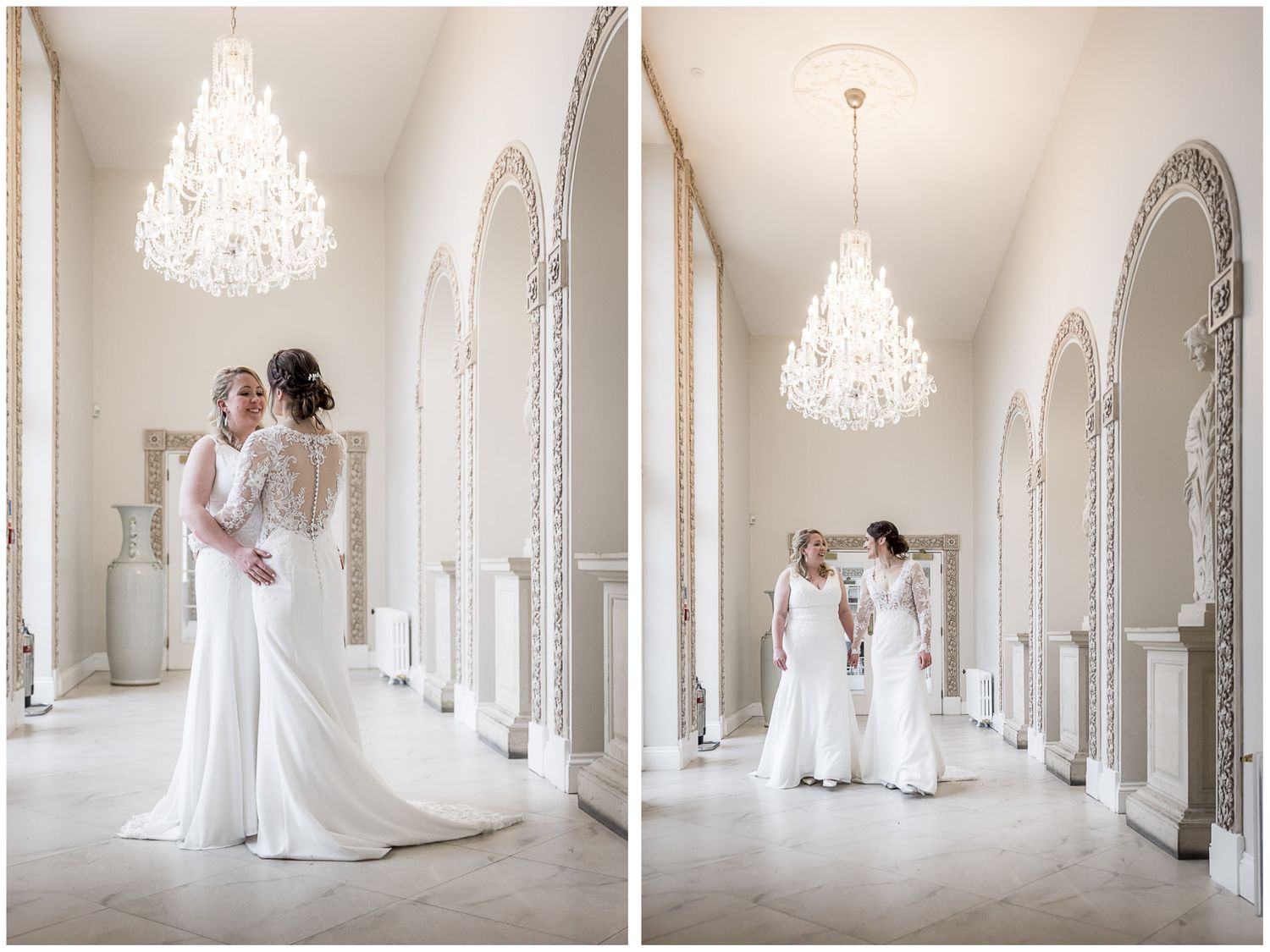 Elegant white hallway with crystal chandeliers and ornate mirrors creating a romantic wedding setting.