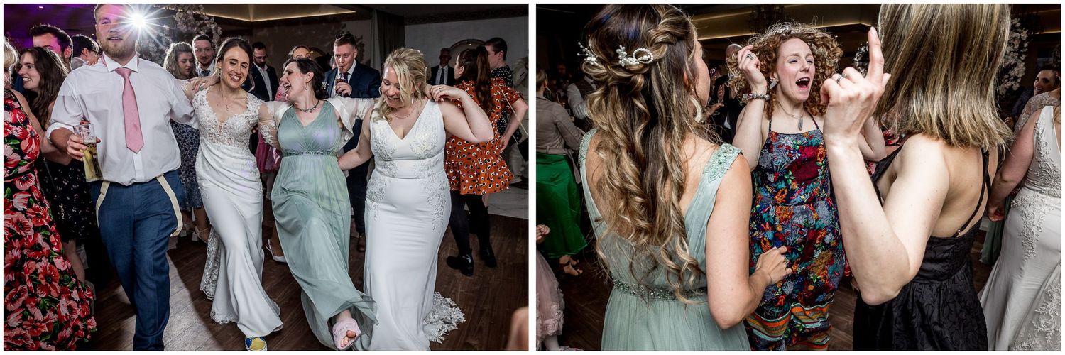 Energetic dancing and celebration at wedding reception party.