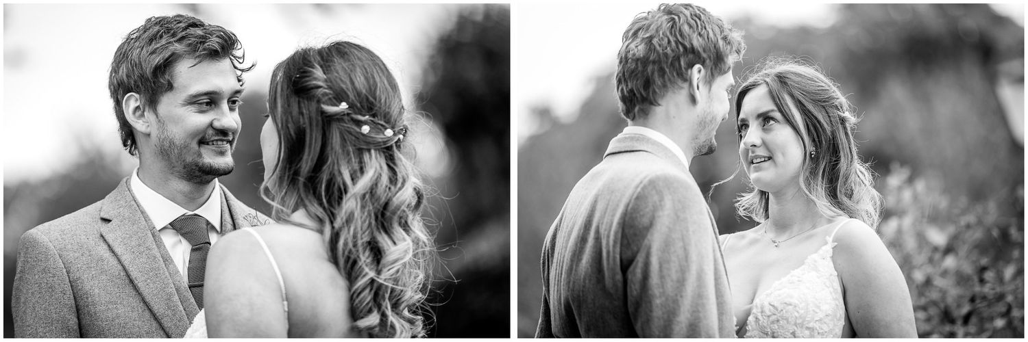 Black and white portraits of wedding couple in the gardens of Clock Barn wedding venue
