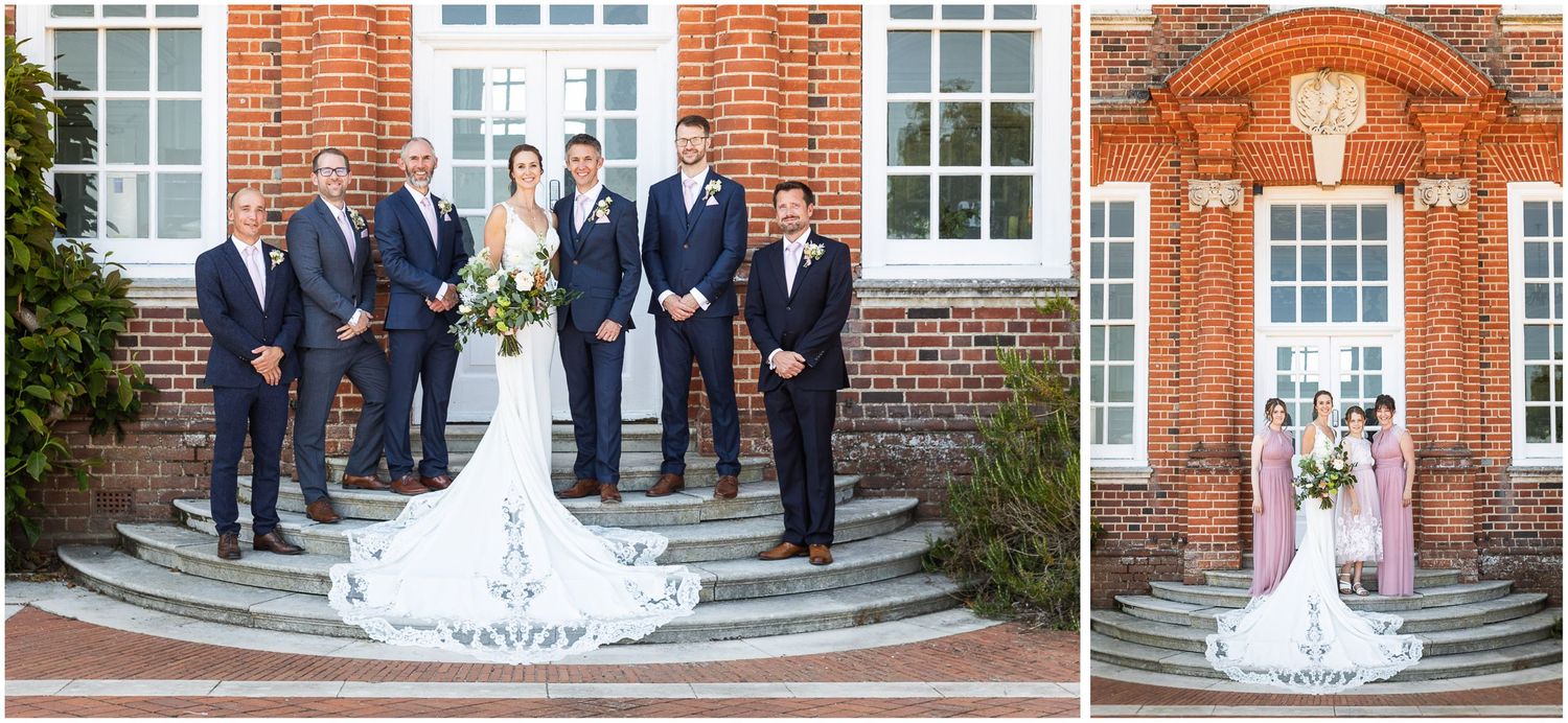 Formal group wedding photographs with bride, groom and guests on stone steps to the rear of Walhampton School near Lymington in Hampshire