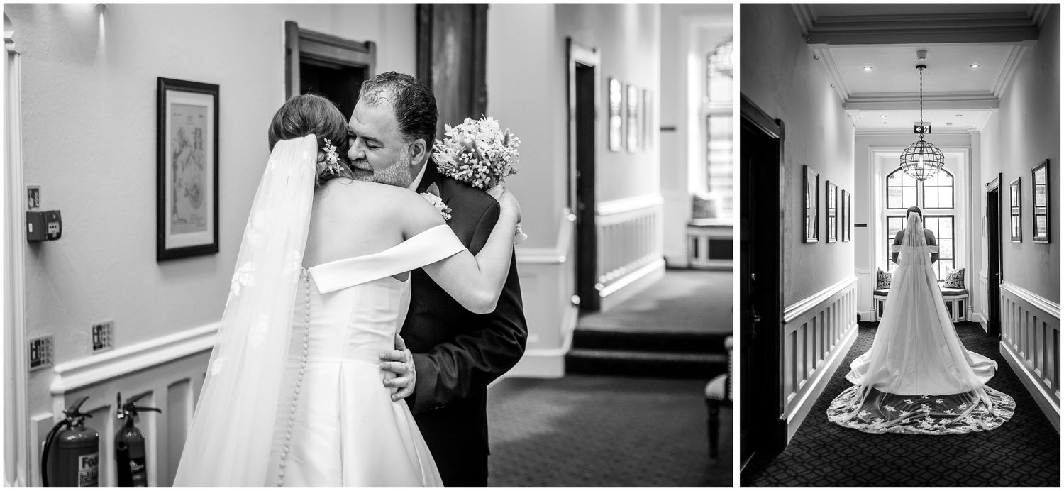 A collection of black and white wedding photographs showing romantic moments and details arranged in a horizontal strip.