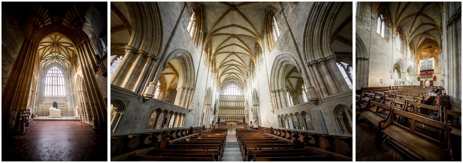 Gothic cathedral interior with vaulted ceiling, ornate columns and stained glass windows illuminates the grand nave.