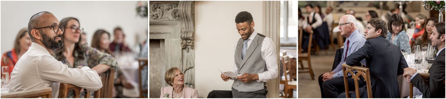 Collection of candid moments from a wedding reception showing guests and celebrations.