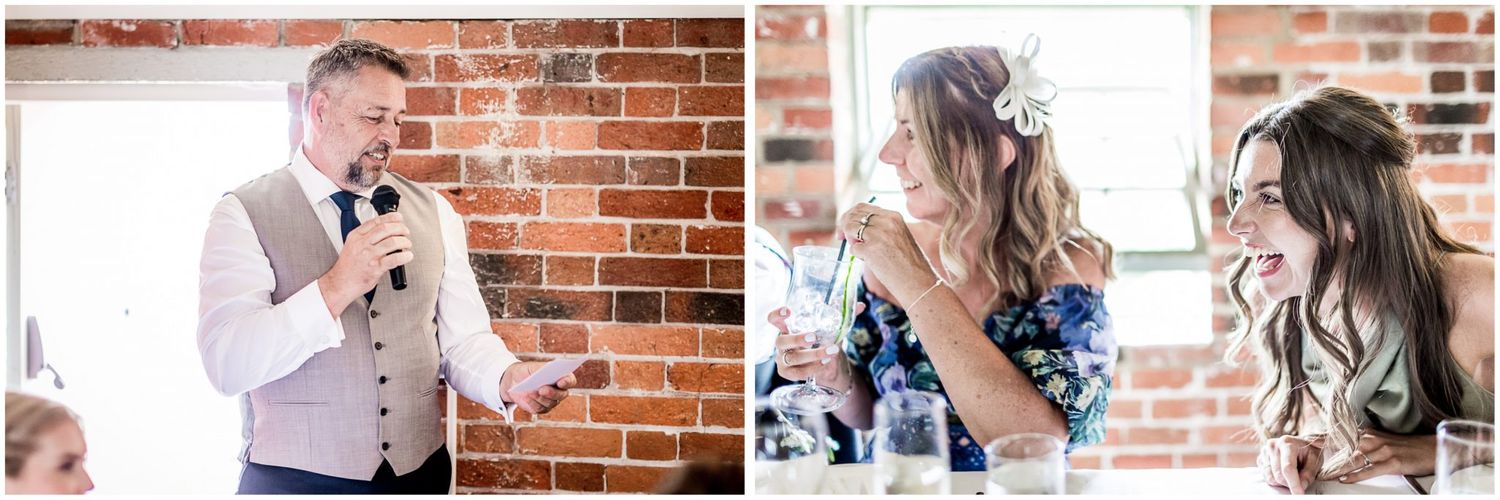 Candid reception moments captured against rustic brick walls during wedding celebration.