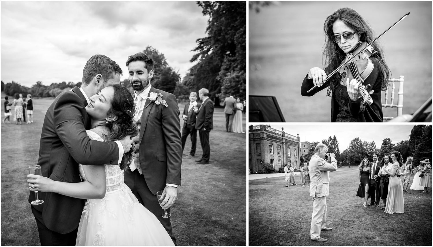 Black and white wedding photography capturing intimate moments during an outdoor celebration.