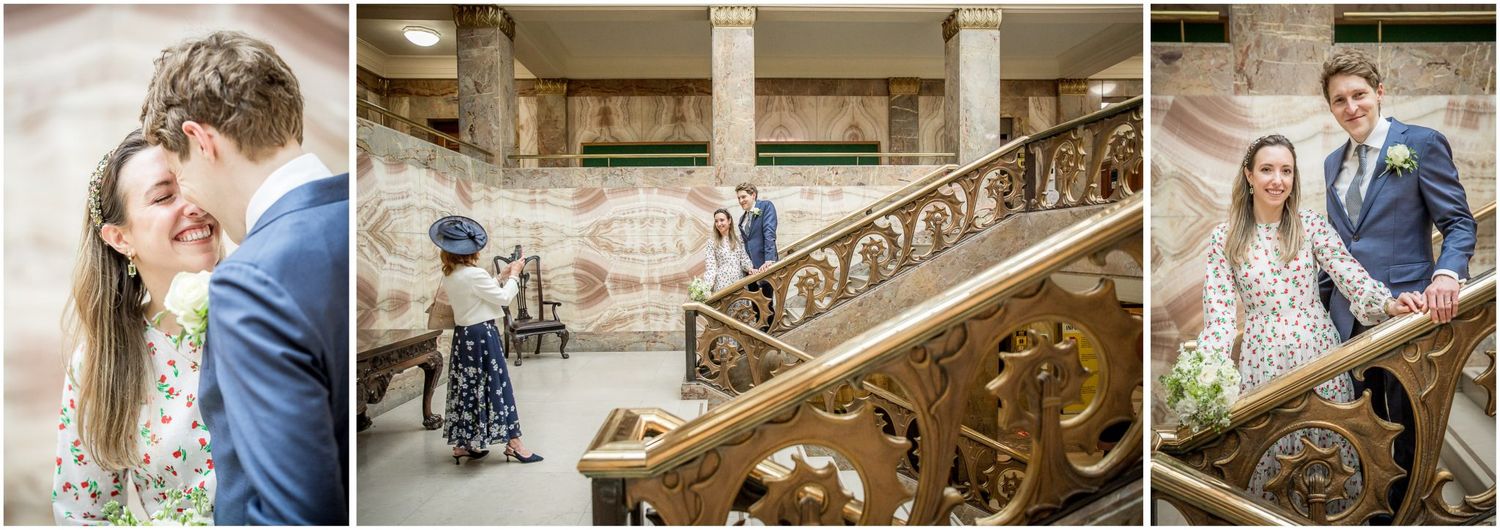 Architectural details of a historic venue with ornate staircases and classical columns.