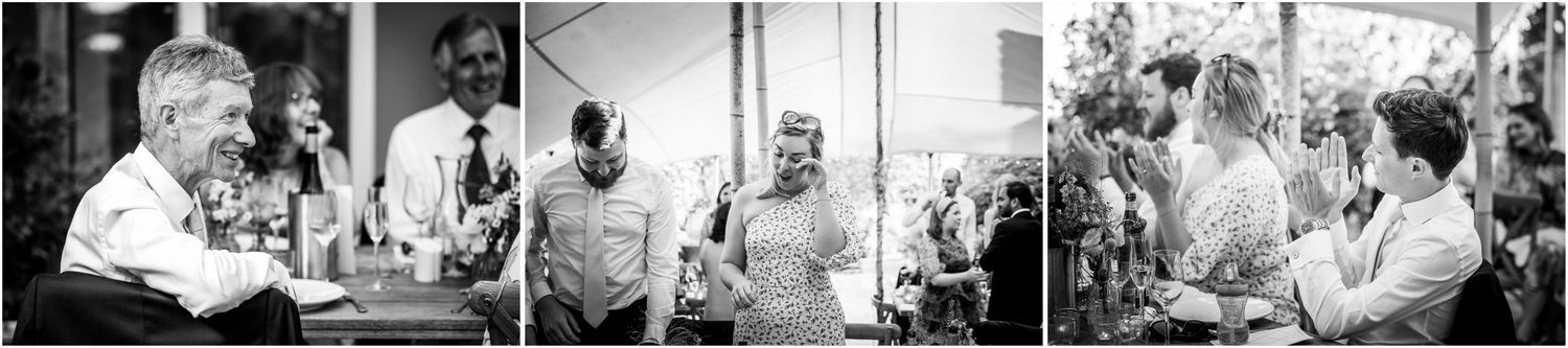 Black and white snapshots of guests sharing stories and laughter at reception tables.