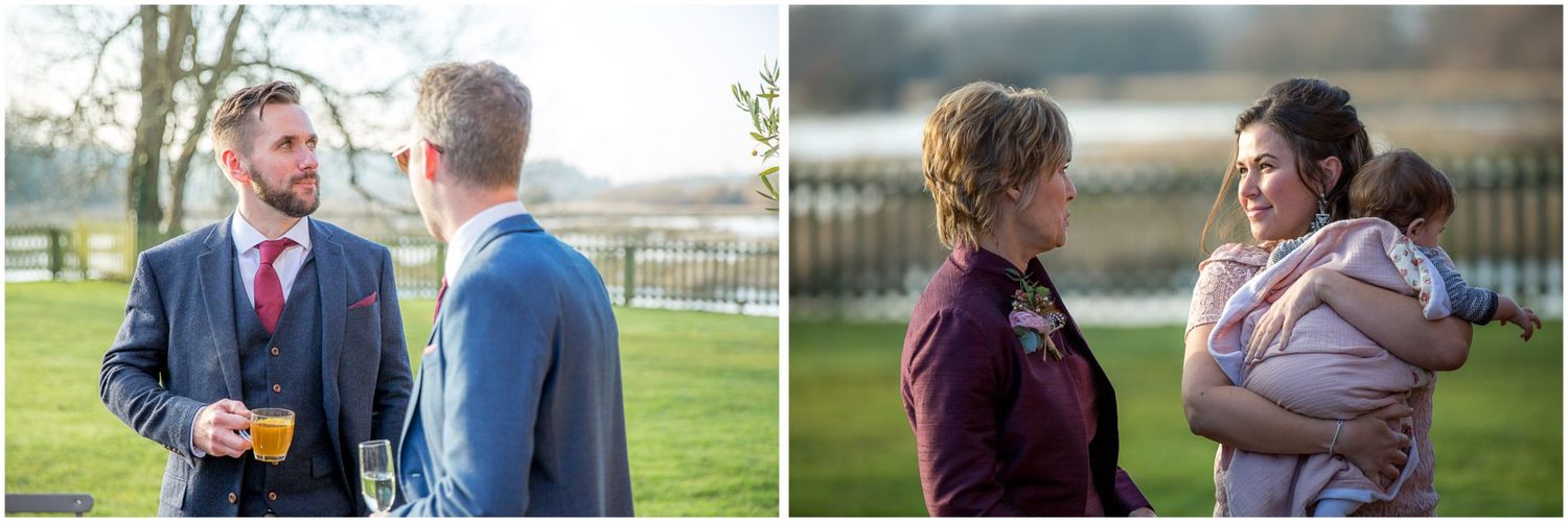 Outdoor wedding portraits showing candid moments between guests.