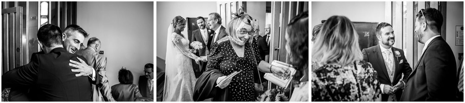 A series of black and white candid photographs showing people interacting at what appears to be a wedding celebration.