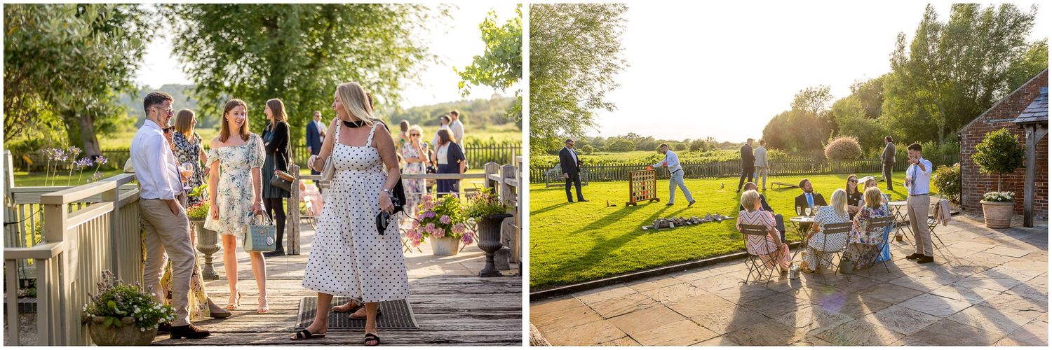 Sopley Mill wedding guests enjoying the evening sunshine in the grounds and gardens of the Hampshire wedding venue