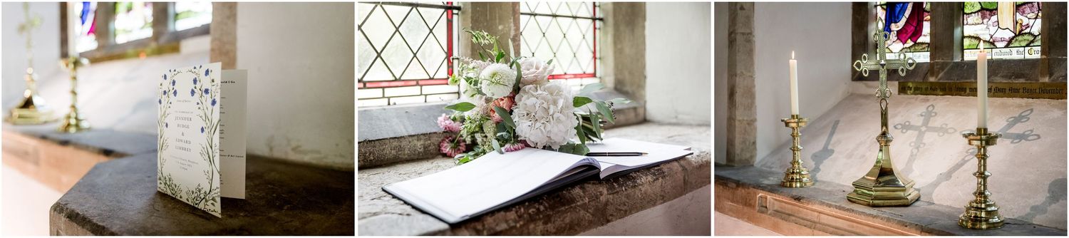 Interior details of a rustic church venue with stained glass windows and wooden beams.