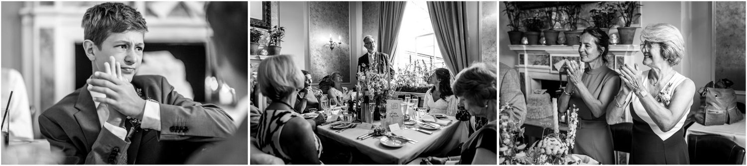 Documentary style black and white photos capturing candid moments during wedding reception.