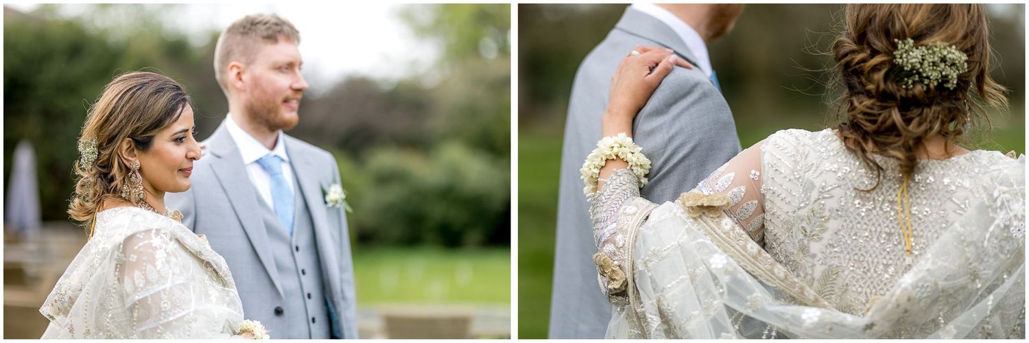 Detail shots of wedding attire and romantic moments in an outdoor garden setting.
