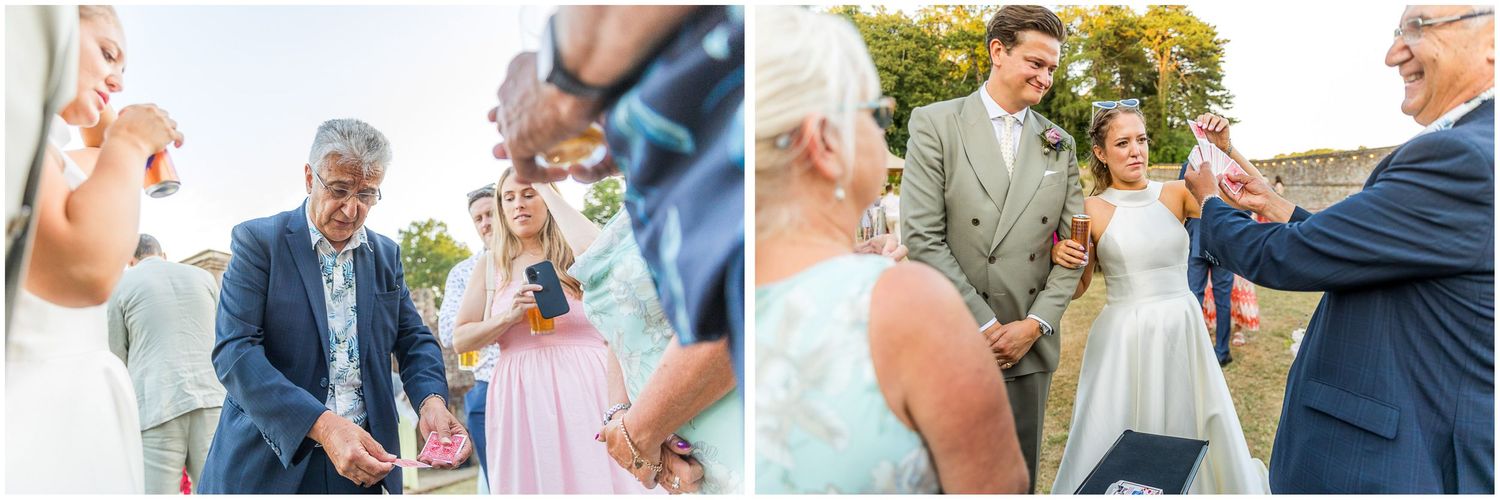 Close up magic with reaction photographs of bride and groom at an outdoor wedding reception