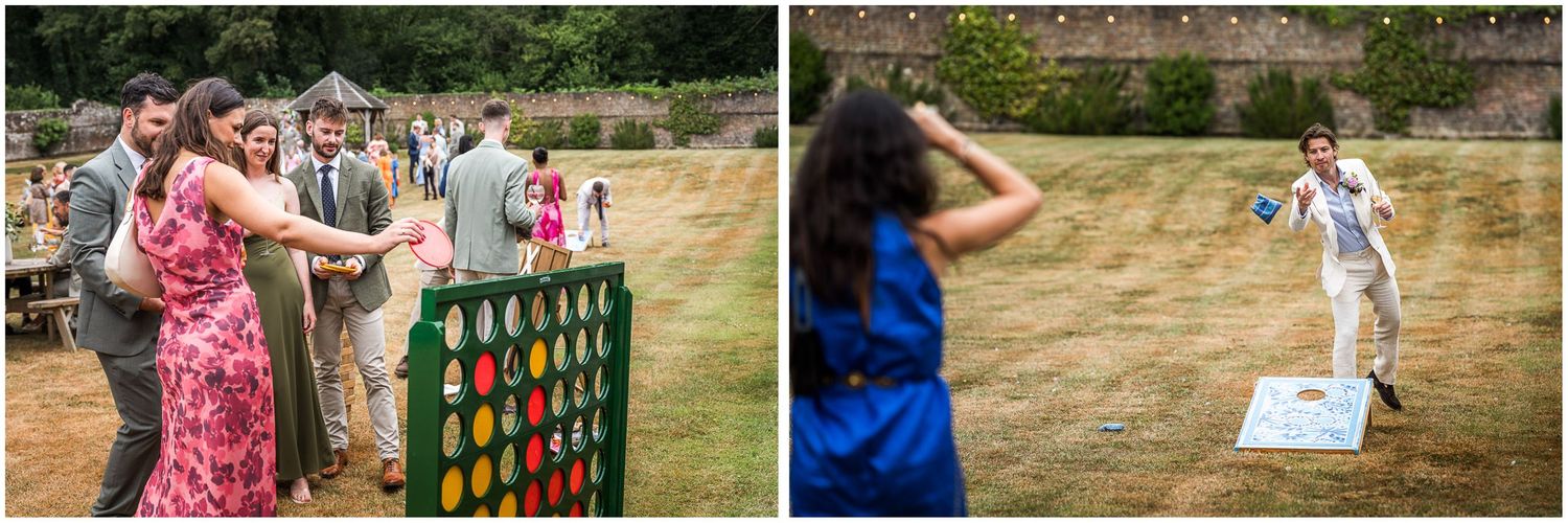 Wedding guests playing garden games at a reception in Hampshire