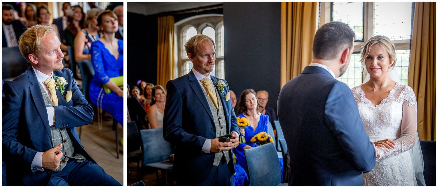 Wedding couple and guests share joyful moments during reception in an elegant venue with warm lighting.