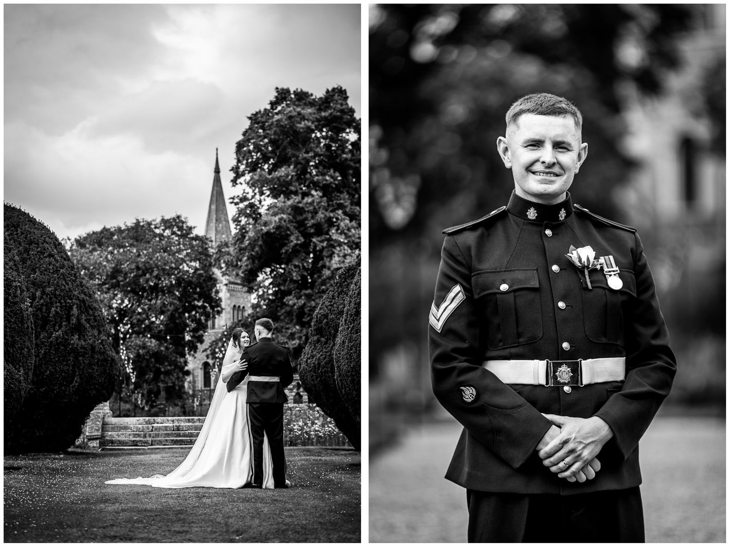 Black and white wedding photos showing a church ceremony and a military serviceman in dress uniform with medals at The Elvetham hotel.