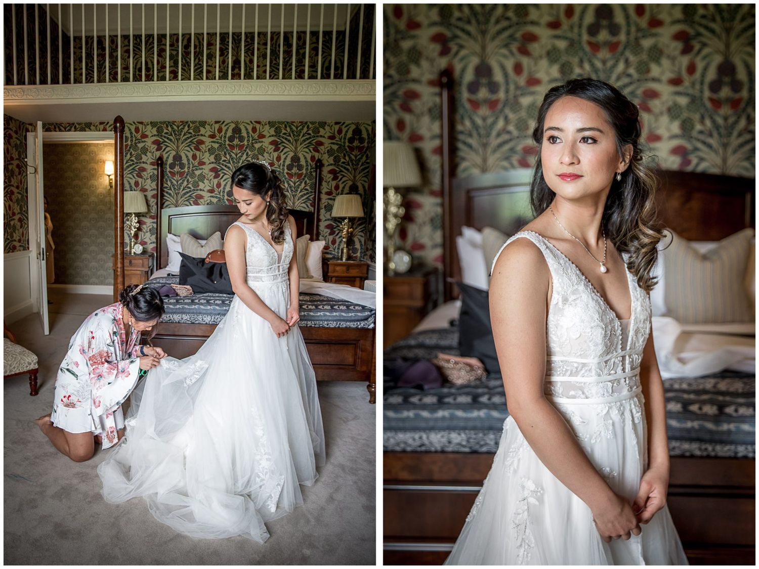 Series of artistic bridal portraits showcasing wedding dress details.