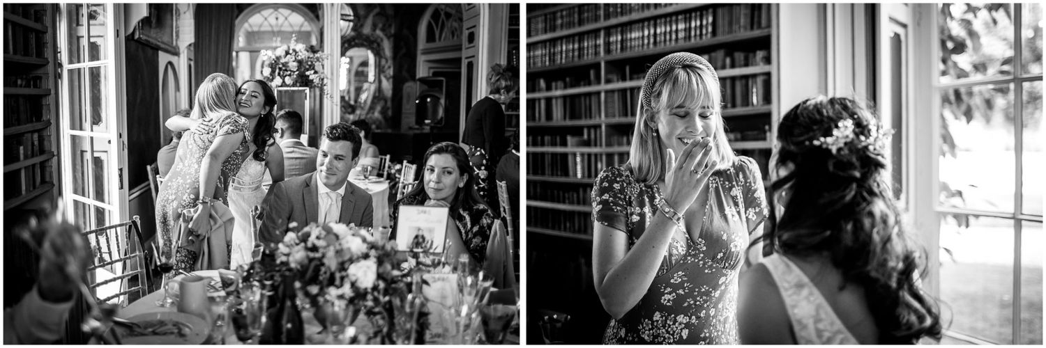 Candid black and white photos of wedding reception celebrations.
