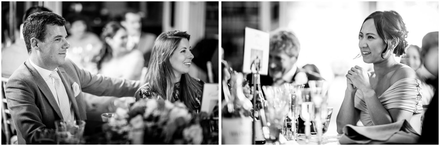 Black and white candid shots capturing emotional wedding moments in an indoor venue.