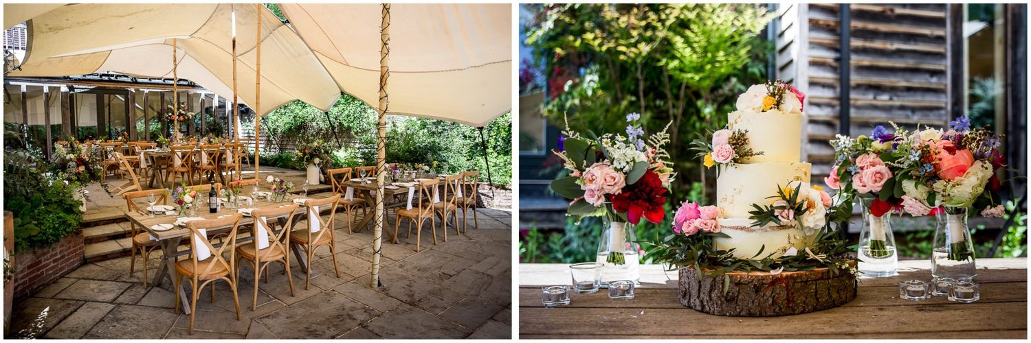 Rustic outdoor wedding venue with wooden chairs and garden party decorations.