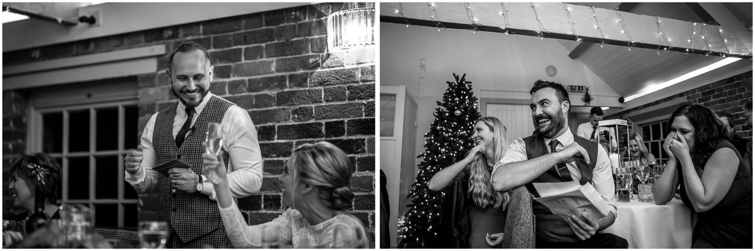 Wedding celebration candid moments captured in a rustic brick venue.