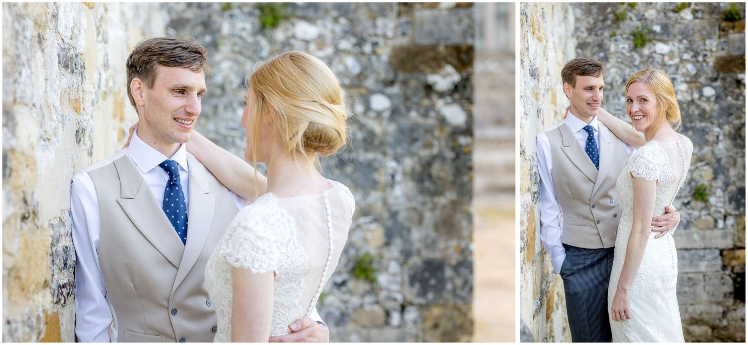 Black and white wedding portraits showing couple in intimate moments against stone wall backdrop.