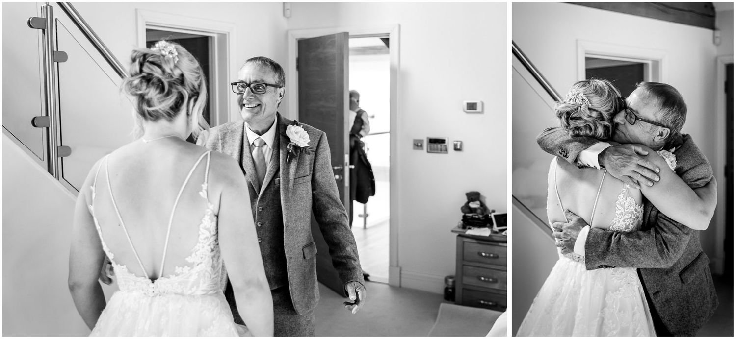 Series of intimate black and white wedding preparation photographs in a bright room.