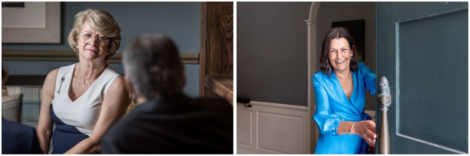 Contrasting portraits in natural light against interior backgrounds.