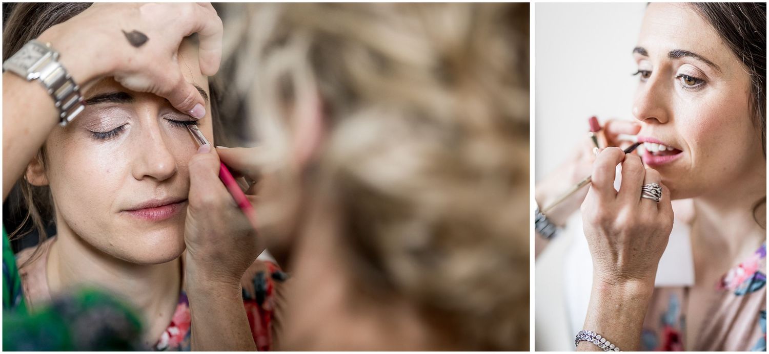 Close-up shots of wedding day makeup application and beauty preparations.