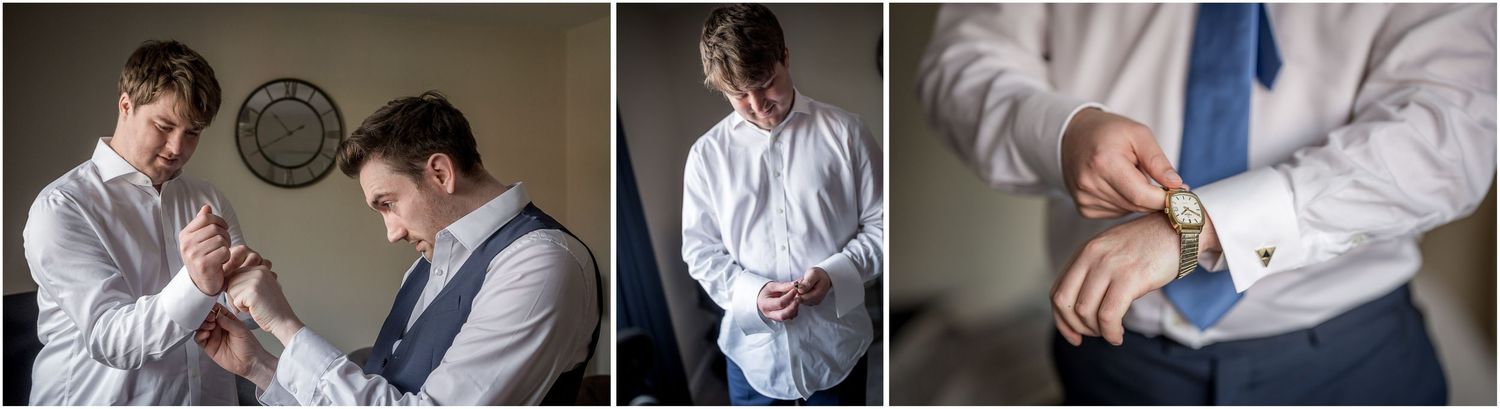 Close-up shots of groom adjusting tie and cufflinks during wedding preparation.