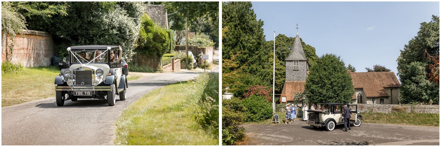 Vintage cars and church grounds featured in wedding day exterior shots.