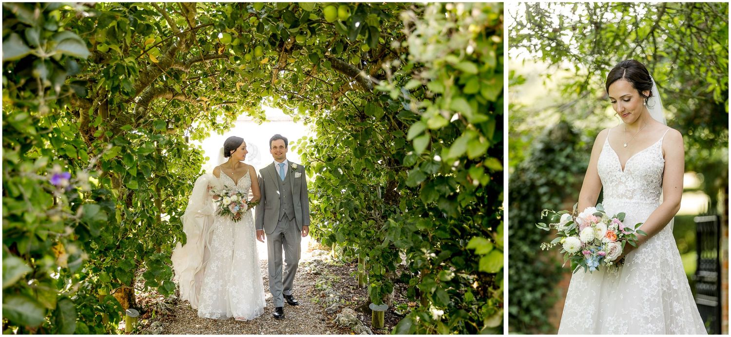 Collection of romantic wedding photos taken in a lush garden setting.