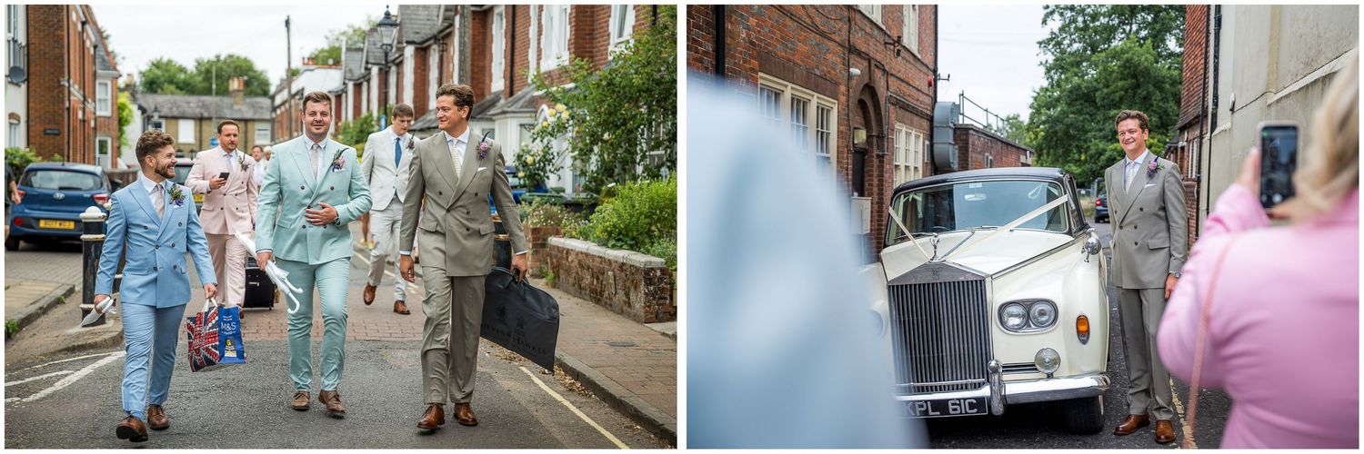 Groom and groomsmen walking through Winchester towards the wedding car to take them to the ceremony at Hampshire's Holywell Estate.