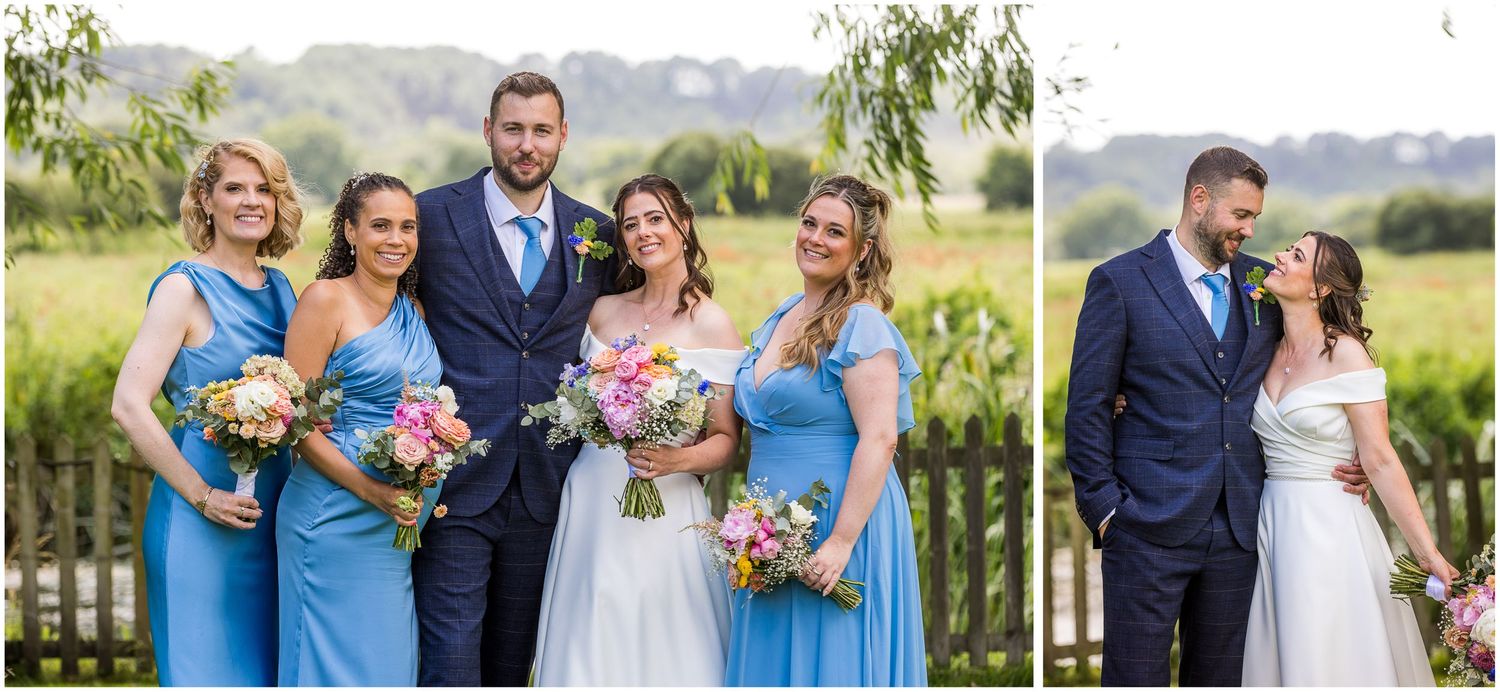 Formal but relaxed wedding photography with bride and groom posing with the wedding party.