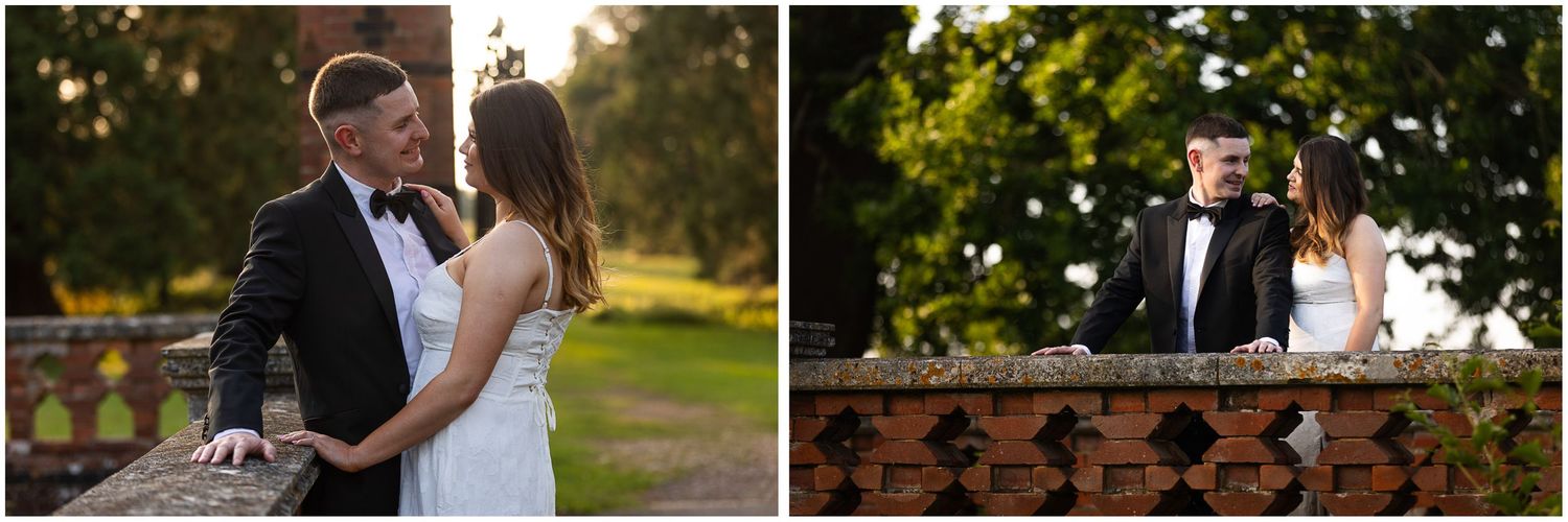 A romantic couple embraces during their outdoor winery wedding celebration at sunset.