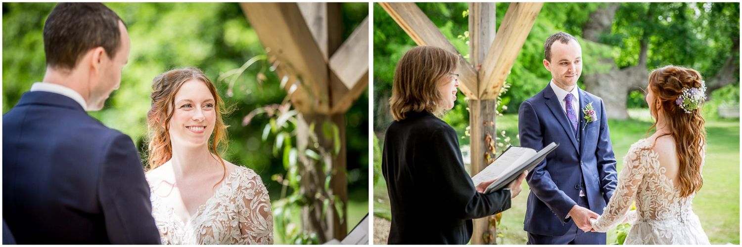 Couple exchanging vows during outdoor garden wedding ceremony under wooden pergola.