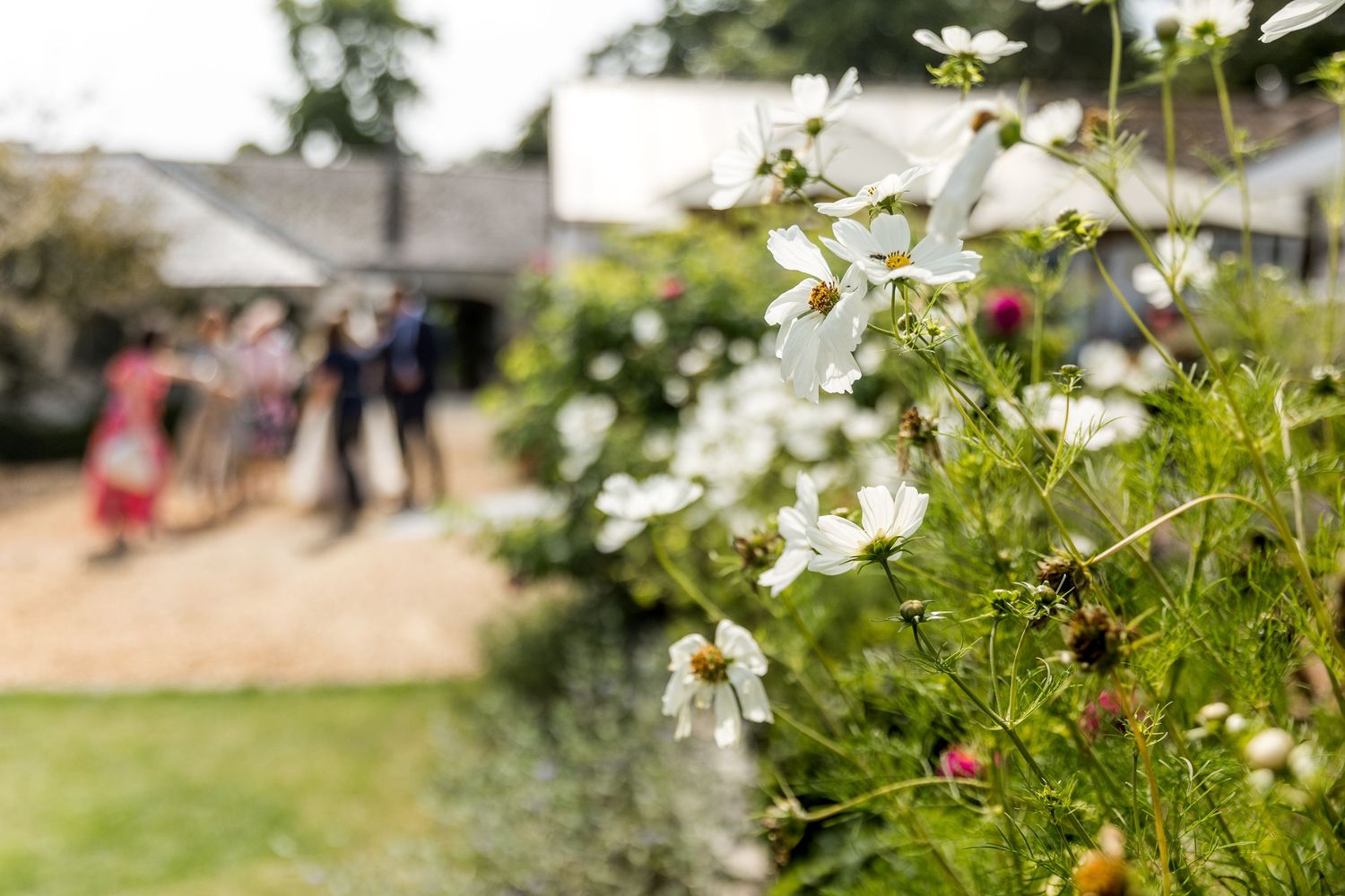 Floral details during a wedding drinks reception in the walled garden at Houghton Lodge near Stockbridge in Hampshire