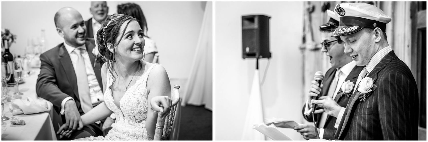 Black and white candid shots of wedding reception conversations and celebrations.