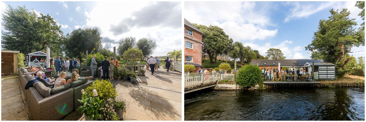 Scenic waterfront venue with bridge and landscaped gardens under cloudy skies.