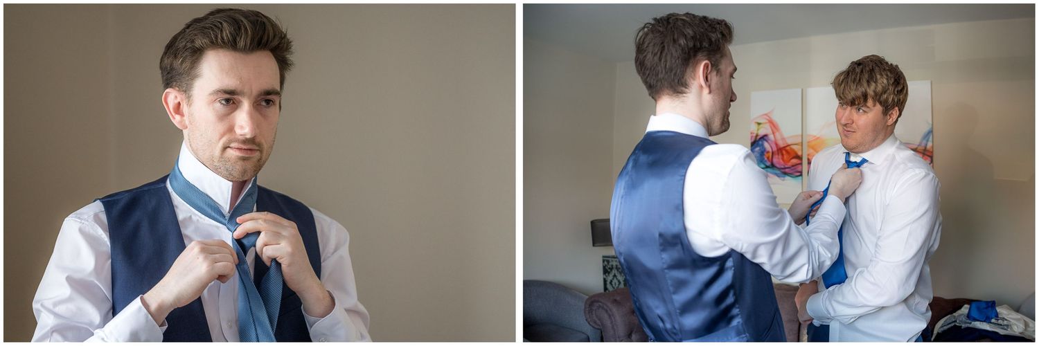 Collection of preparation shots showing groom getting ready in formal attire.