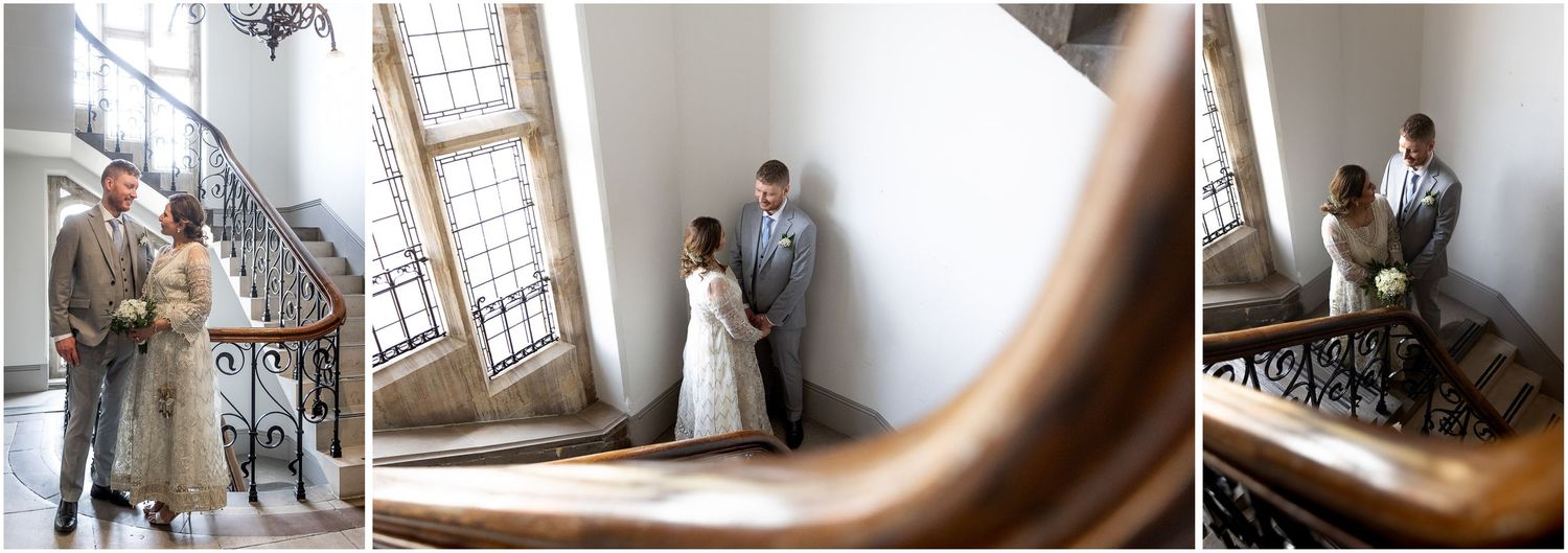 Intimate wedding moments photographed through window light in historic building.